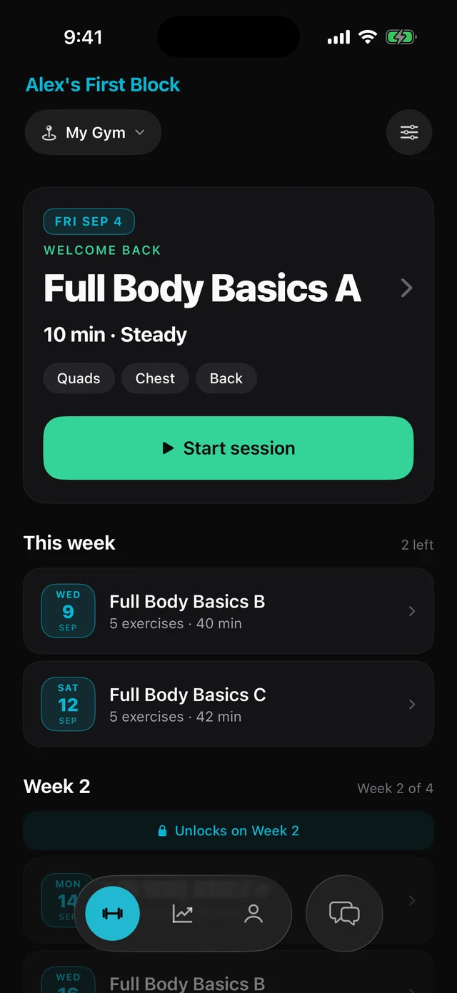 Weekday program home showing this week's scheduled sessions and a Start session button.