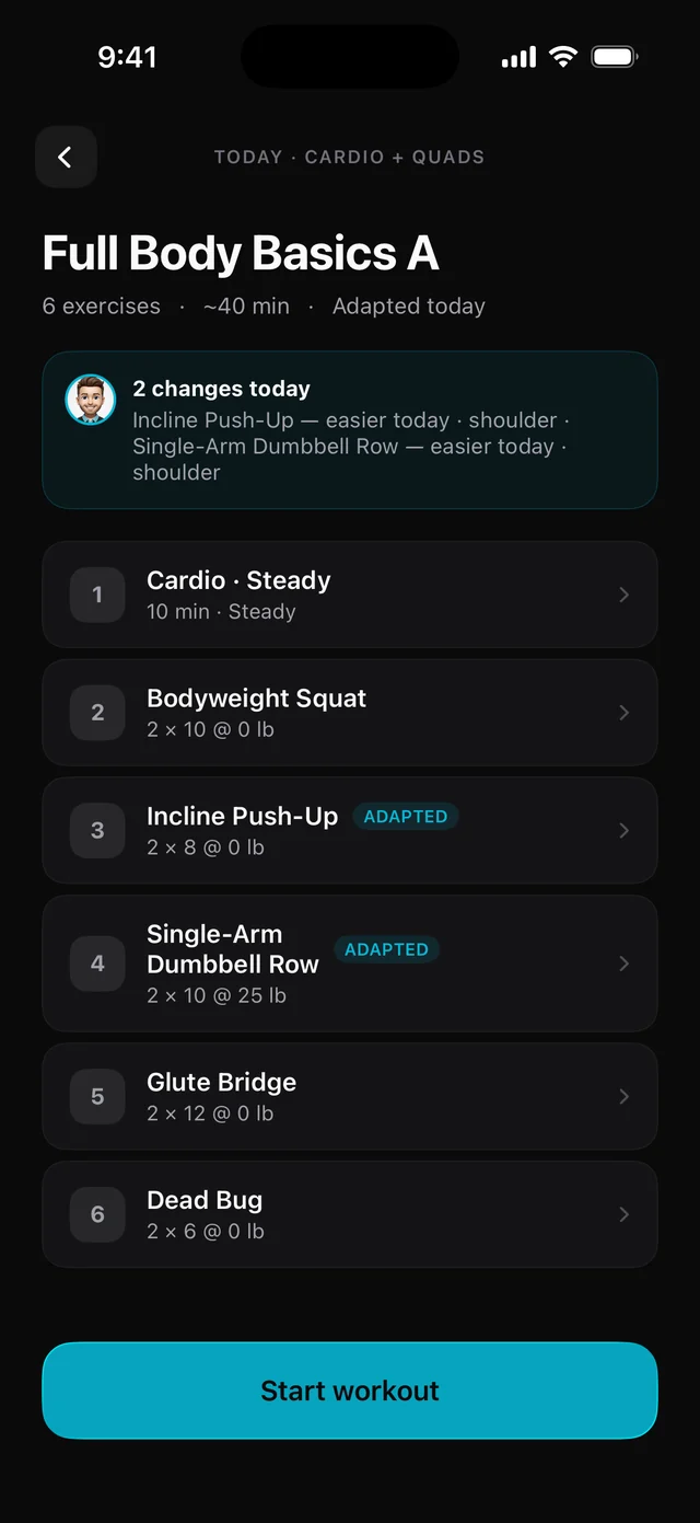 Workout preview showing two exercises marked Adapted for the shoulder.