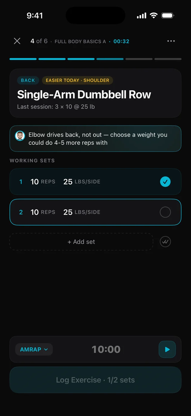 Weekday workout screen logging sets of a single-arm dumbbell row with a coach cue.