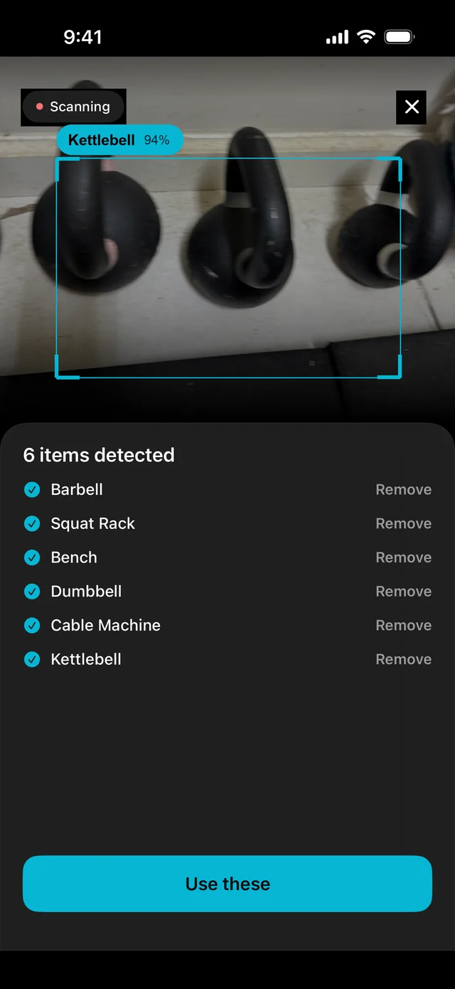 Weekday equipment scanner detecting kettlebells, with six items listed and a Use these button.