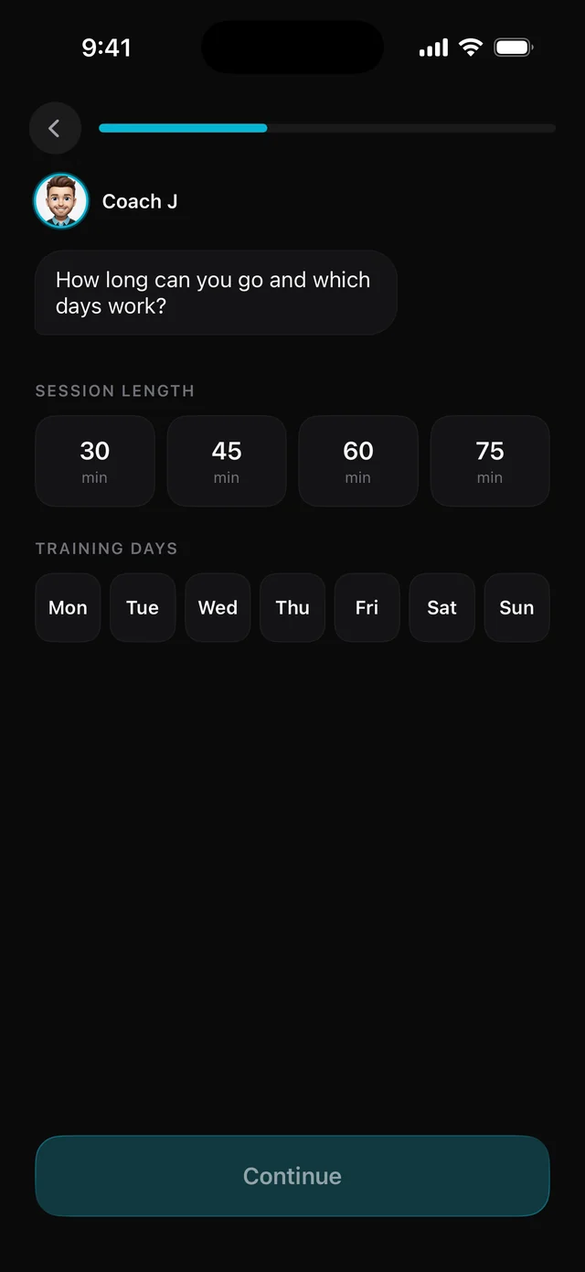 Weekday onboarding: Coach J asks how long you can train and which days work, with session length and training day pickers.